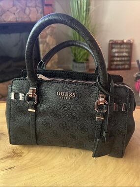 GUESS Black Logo-Print Satchel with Gold Hardware
